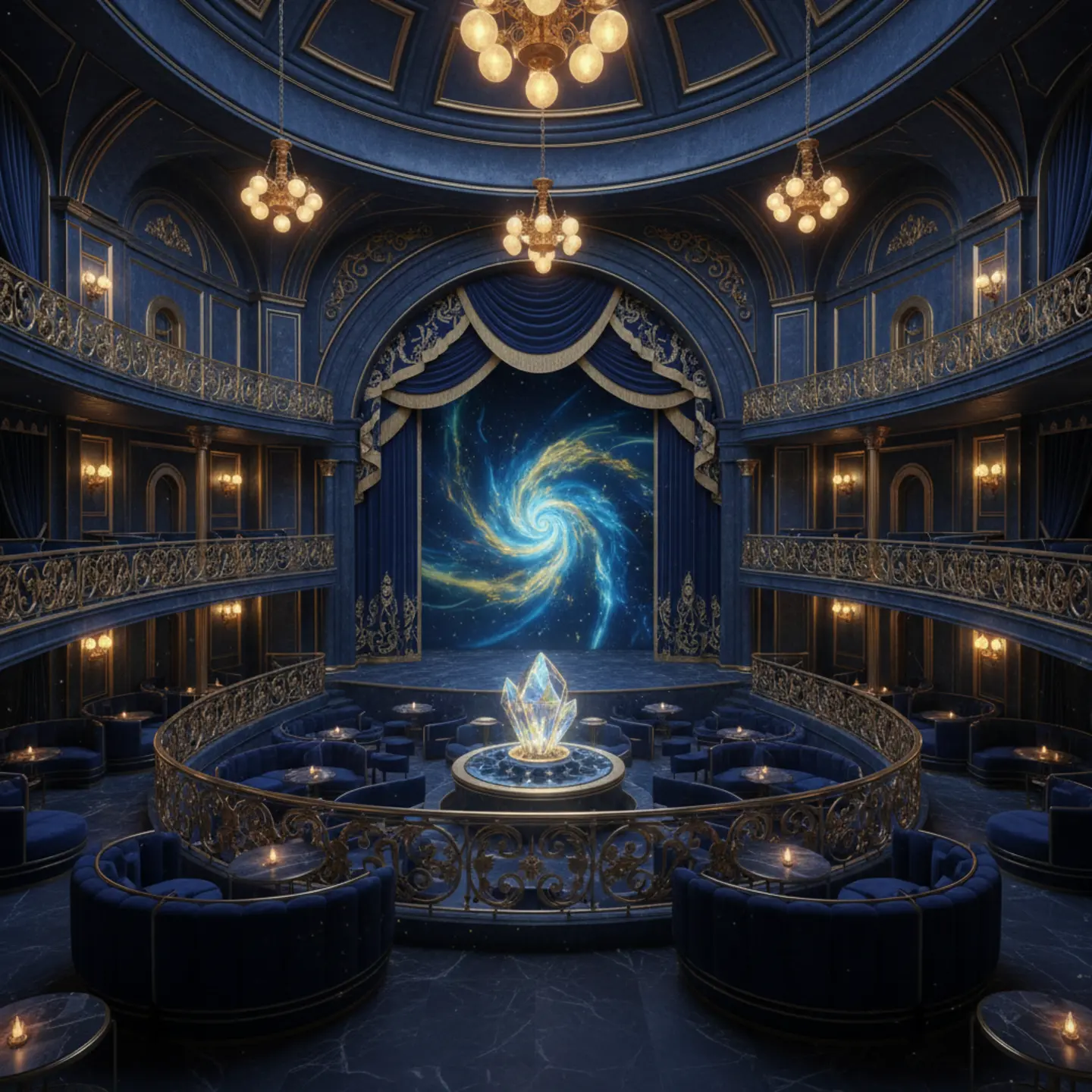 A luxurious underground theater with glowing blue lights and gold curtains.